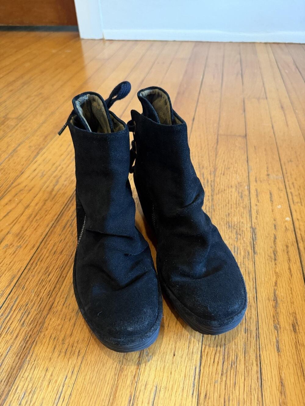 FLY London Boot Womens 7 Black Suede Yama WedgeAnkle Booties